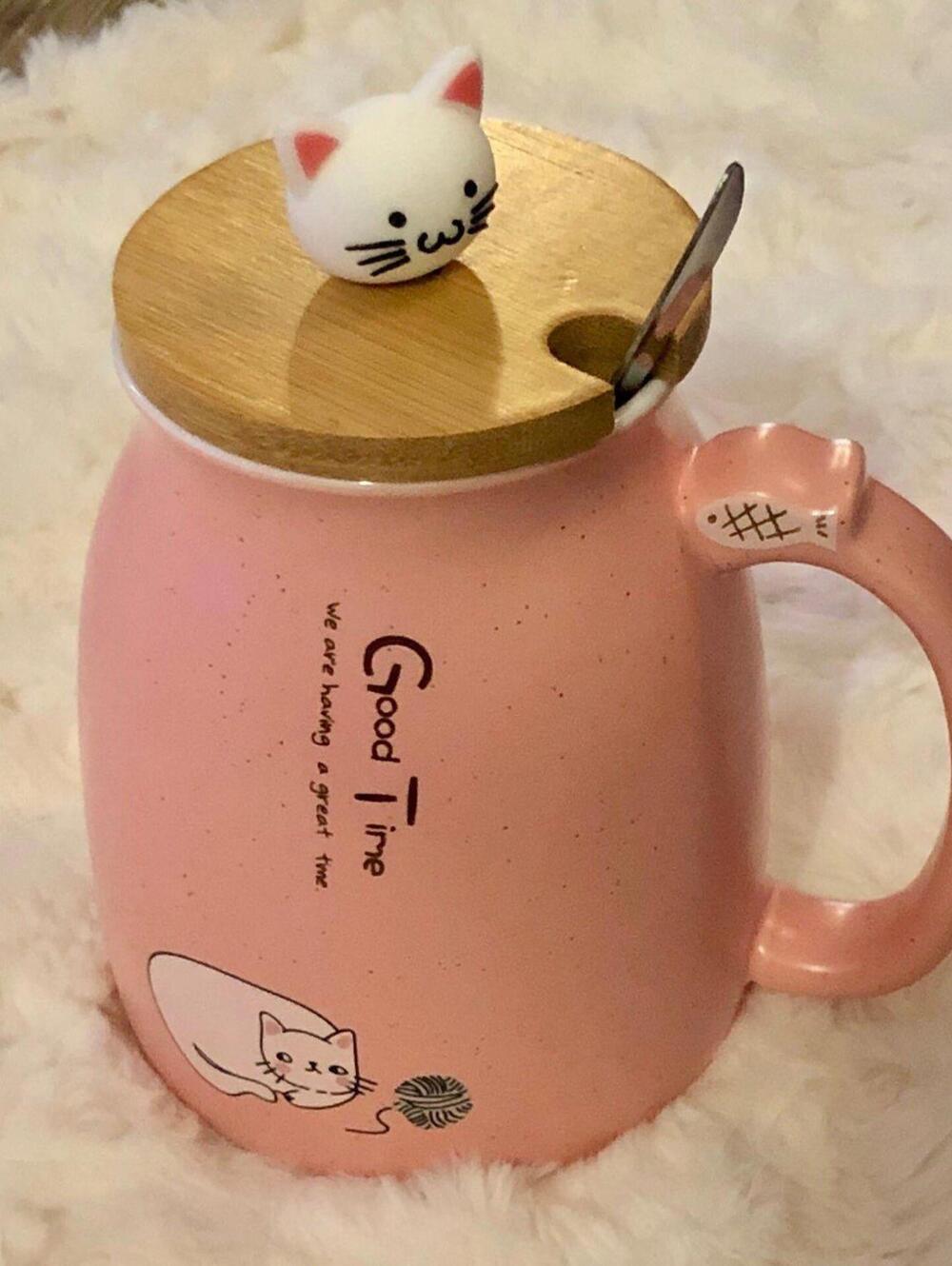 Good Time brand - Pink Kitty Ceramic Mug with Wooden Cover